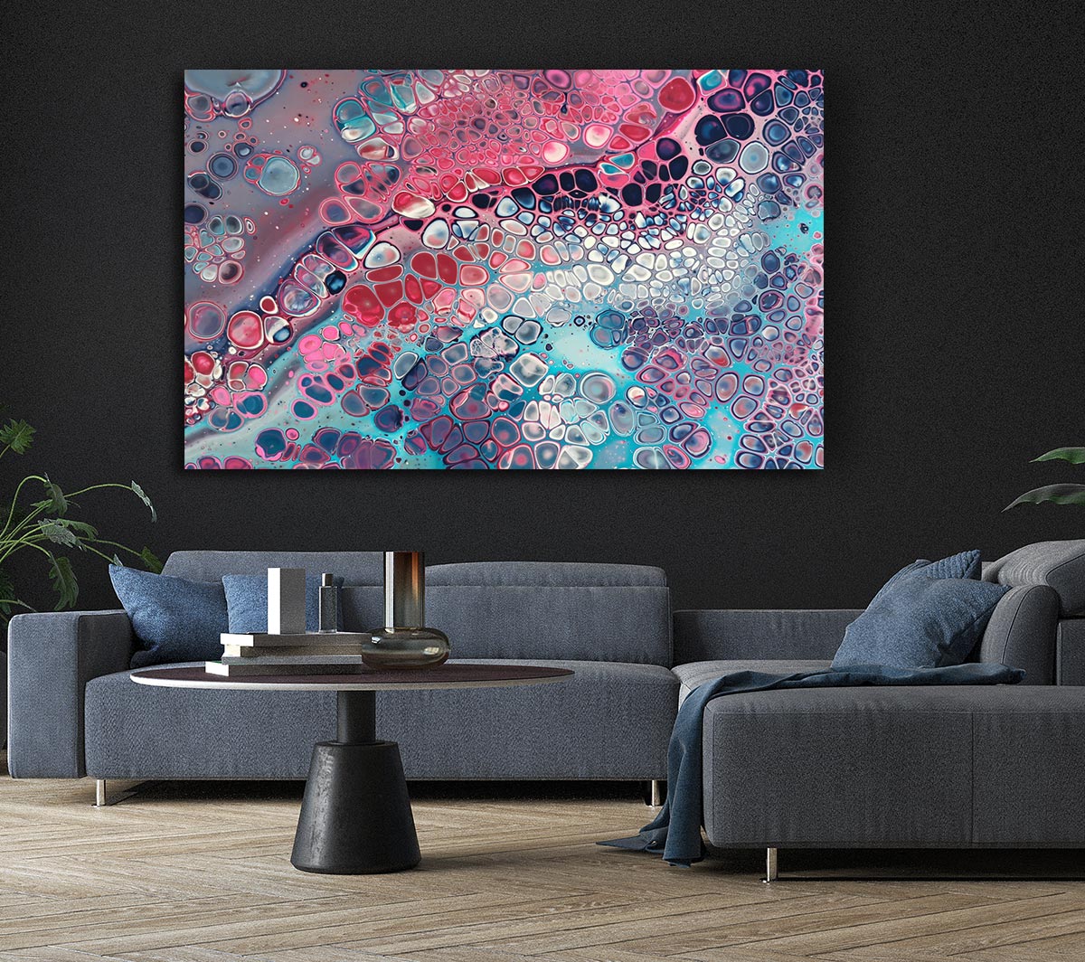 Vibrant Abstract Oil Pastels artwork on coated polyester canvas, mounted on a 44mm box frame, ready to hang.