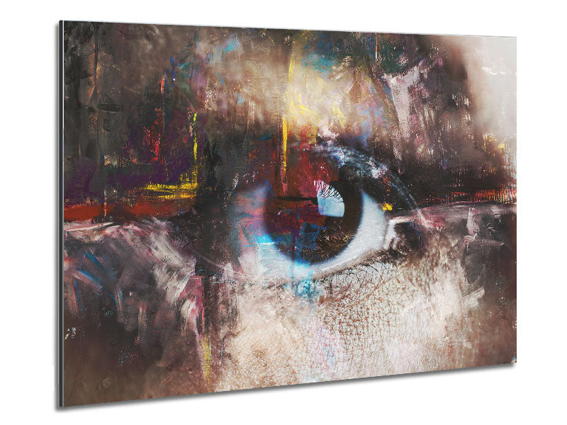 A modern abstract painting featuring an eye design, printed on brushed aluminium dibond, showcasing vibrant colors and a sleek finish.