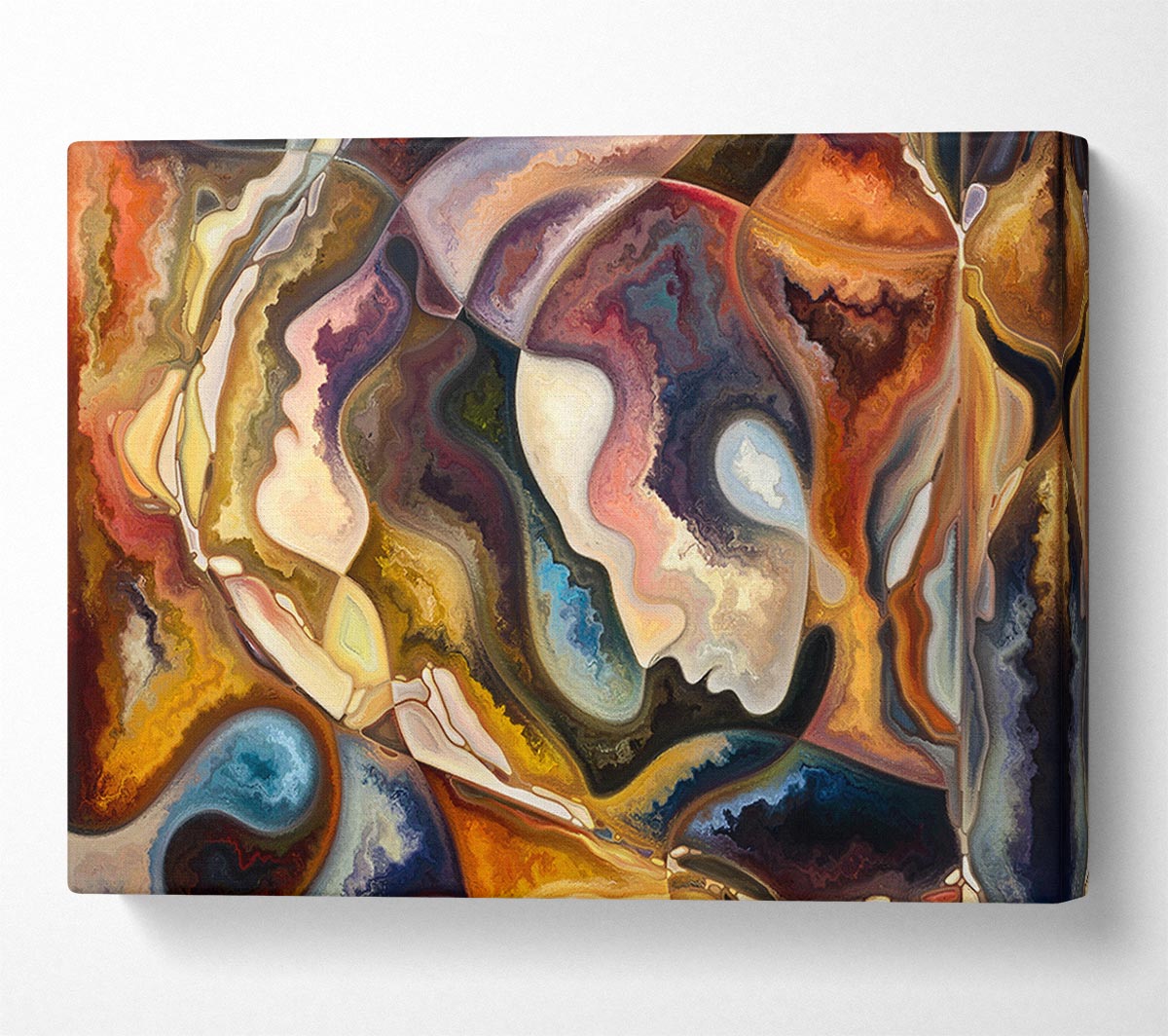 A vibrant abstract painting featuring stylized faces in bold colors, mounted on a sturdy frame, ready to enhance any wall.