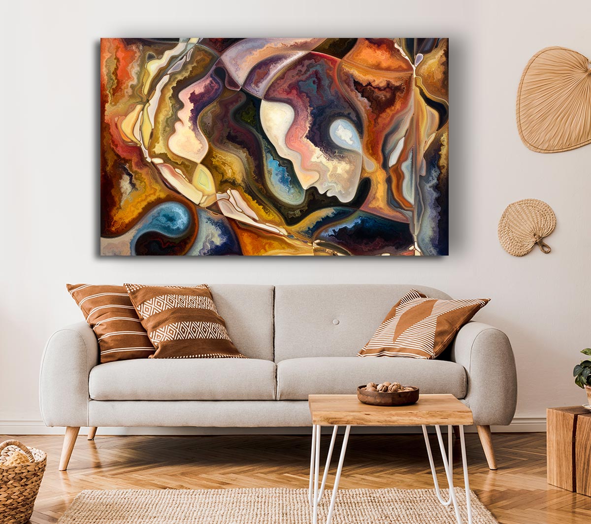 A vibrant abstract painting featuring stylized faces in bold colors, mounted on a sturdy frame, ready to enhance any wall.