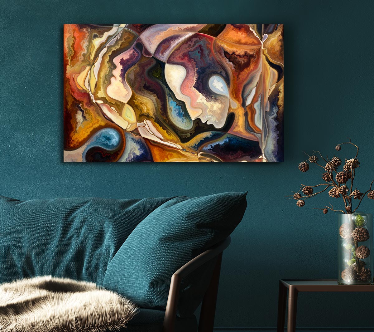 A vibrant abstract painting featuring stylized faces in bold colors, mounted on a sturdy frame, ready to enhance any wall.