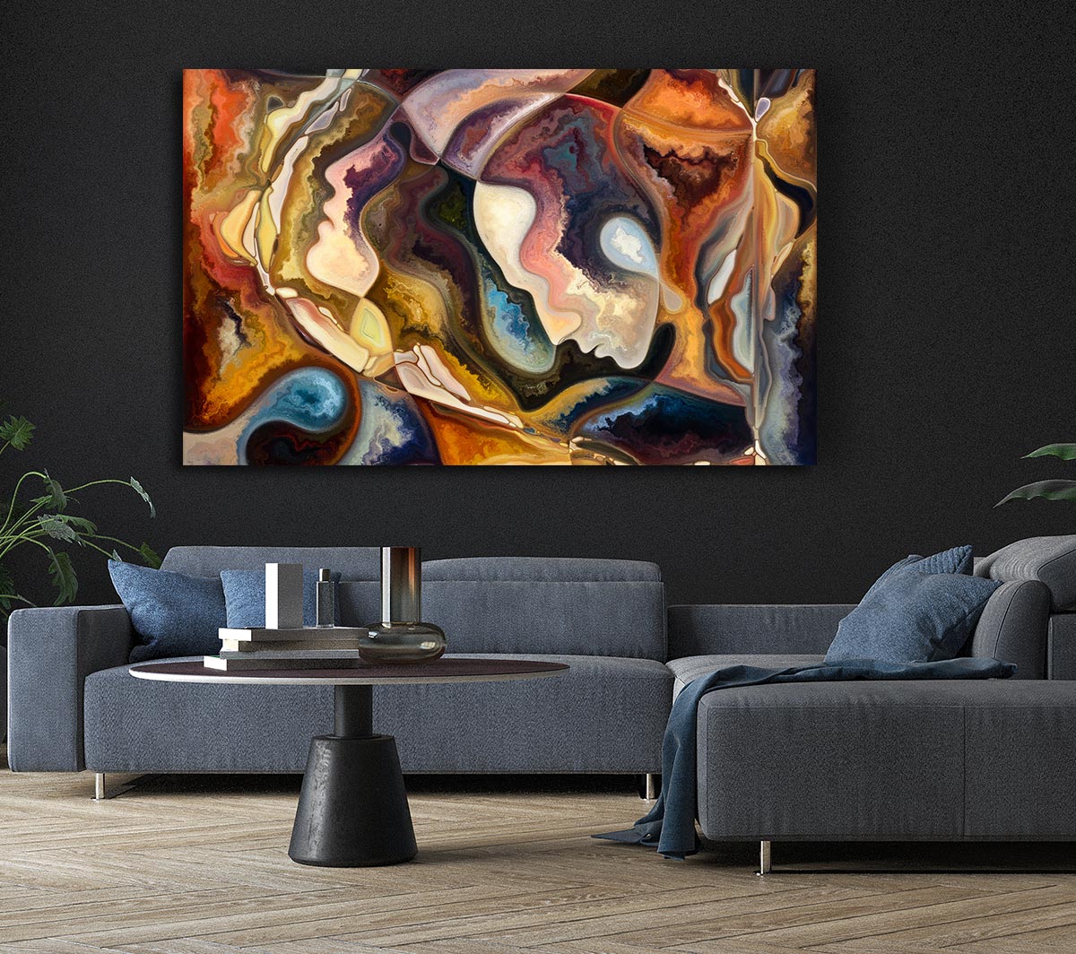 A vibrant abstract painting featuring stylized faces in bold colors, mounted on a sturdy frame, ready to enhance any wall.
