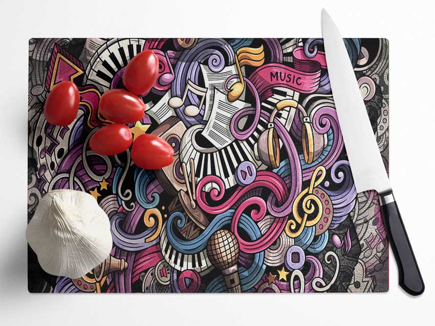 A stylish chopping board featuring abstract music patterns, made from durable tempered glass with an anti-slip base.