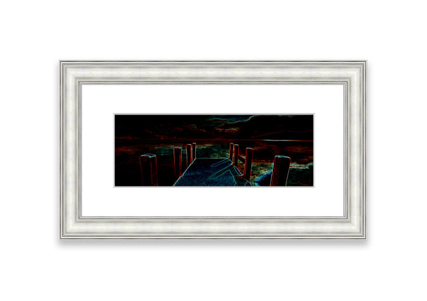 Framed print of Abstract Pier artwork, showcasing serene colors and modern design, ready to hang.
