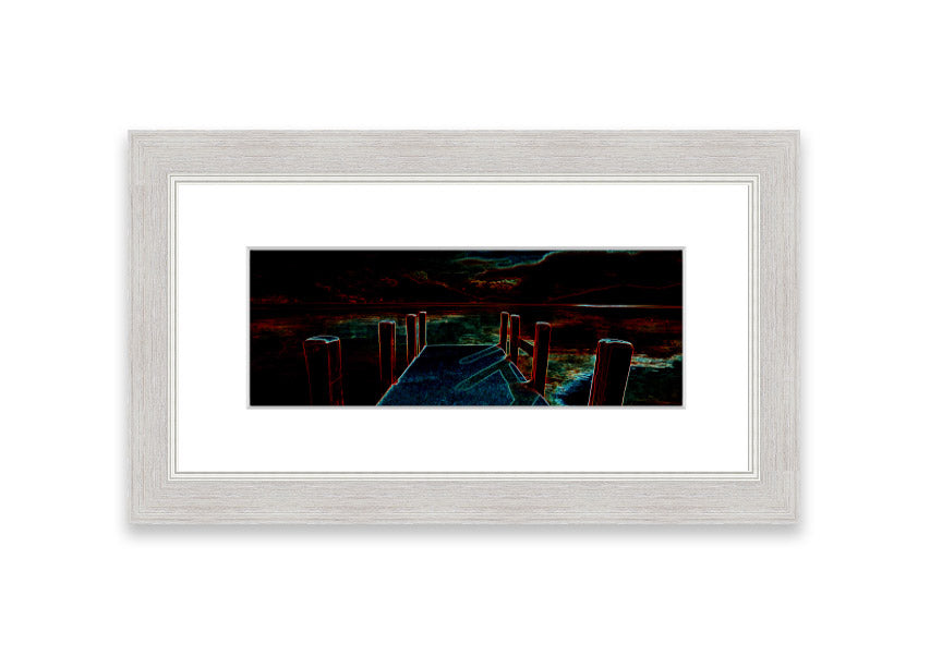 Framed print of Abstract Pier artwork, showcasing serene colors and modern design, ready to hang.