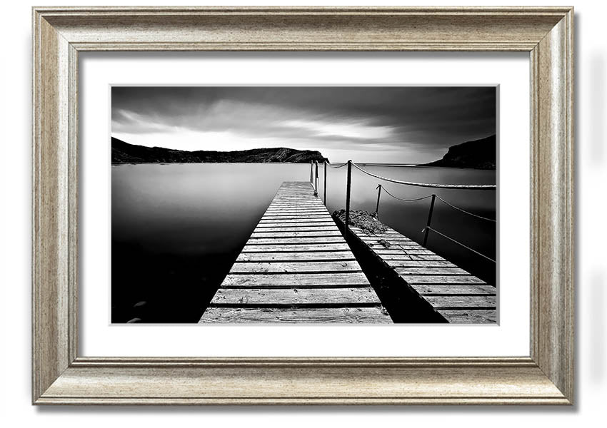 Abstract Pier B n W framed print showcasing a modern abstract design in black and white, available in various frame colors.
