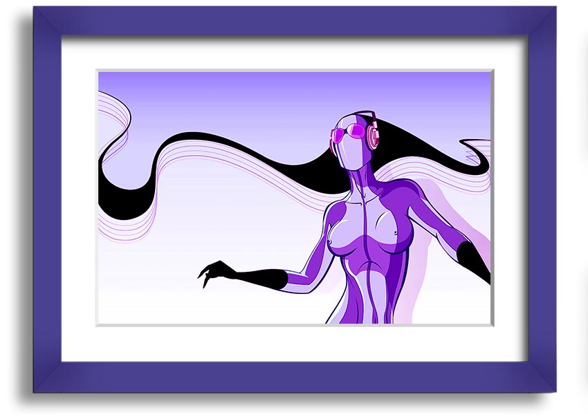 Framed print of an abstract purple alien design, showcasing vibrant colors and unique artistry, ready to hang.