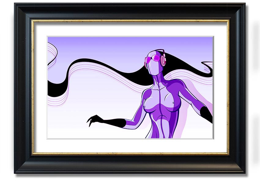 Framed print of an abstract purple alien design, showcasing vibrant colors and unique artistry, ready to hang.