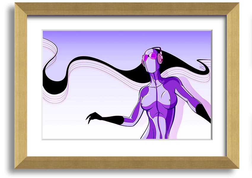 Framed print of an abstract purple alien design, showcasing vibrant colors and unique artistry, ready to hang.