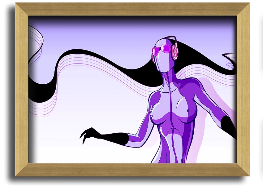 Framed print of an abstract purple alien design, showcasing vibrant colors and unique artistry, ready to hang.