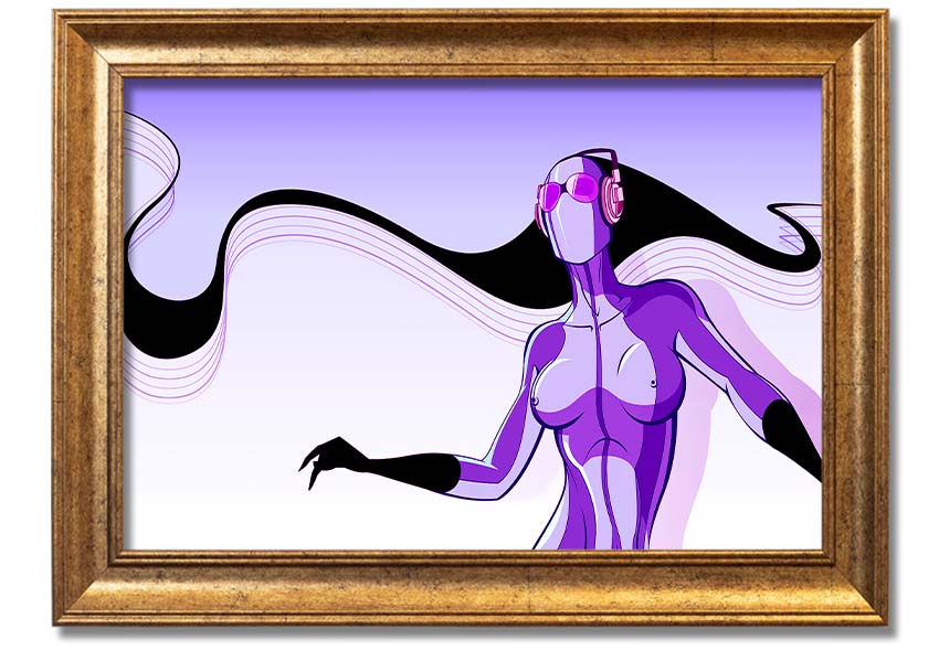 Framed print of an abstract purple alien design, showcasing vibrant colors and unique artistry, ready to hang.