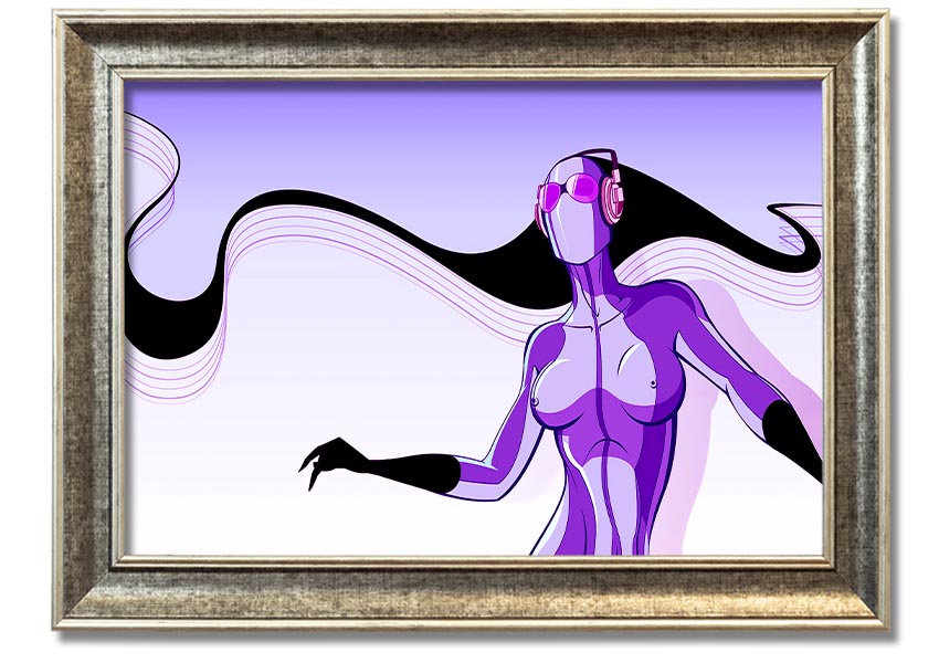 Framed print of an abstract purple alien design, showcasing vibrant colors and unique artistry, ready to hang.