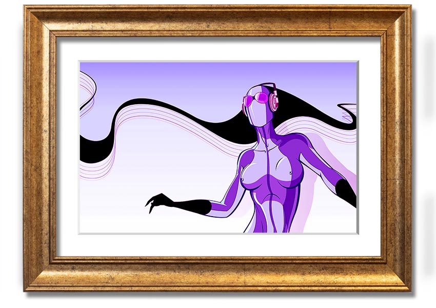 Framed print of an abstract purple alien design, showcasing vibrant colors and unique artistry, ready to hang.