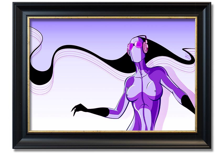 Framed print of an abstract purple alien design, showcasing vibrant colors and unique artistry, ready to hang.