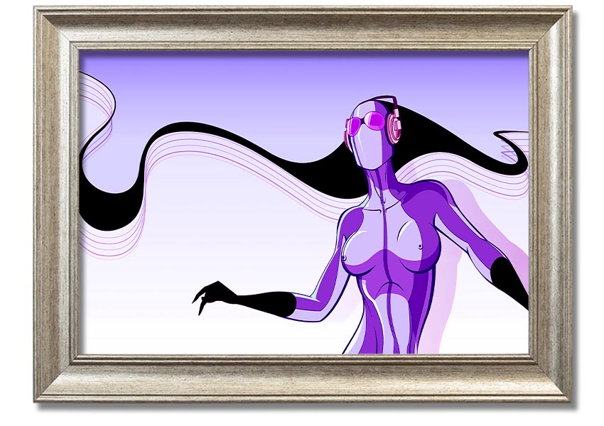 Framed print of an abstract purple alien design, showcasing vibrant colors and unique artistry, ready to hang.
