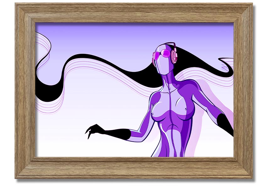 Framed print of an abstract purple alien design, showcasing vibrant colors and unique artistry, ready to hang.