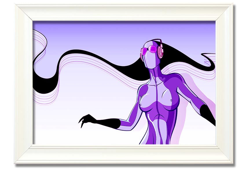 Framed print of an abstract purple alien design, showcasing vibrant colors and unique artistry, ready to hang.