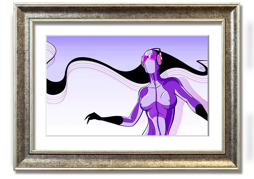 Framed print of an abstract purple alien design, showcasing vibrant colors and unique artistry, ready to hang.