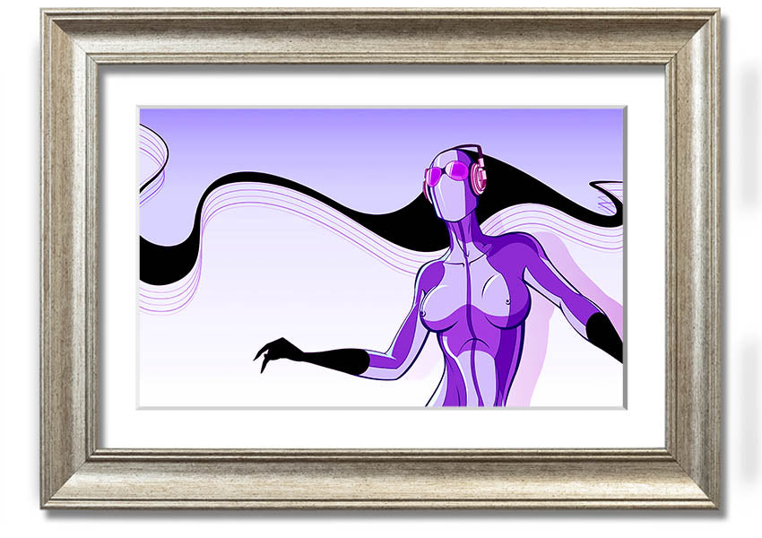 Framed print of an abstract purple alien design, showcasing vibrant colors and unique artistry, ready to hang.