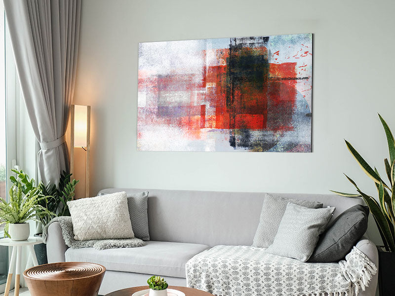 Abstract red square paint roller artwork printed on brushed aluminium dibond, showcasing a vibrant red square design.