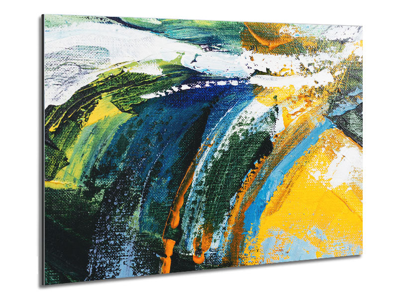 Abstract Strokes Of Nature artwork printed on brushed aluminium dibond, showcasing vibrant colors and modern design.