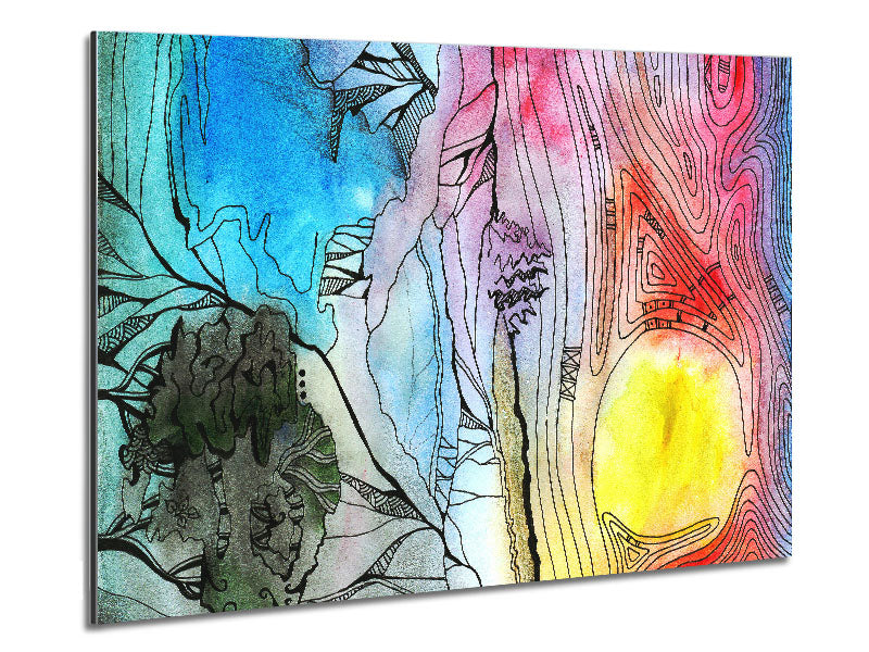 Abstract Sunset Tree artwork printed on brushed aluminium dibond, showcasing vibrant colors and modern design.