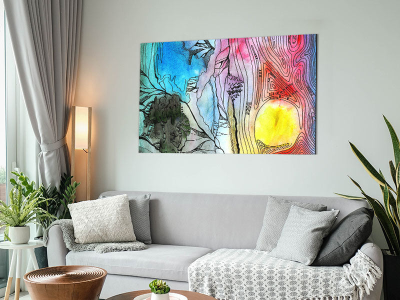 Abstract Sunset Tree artwork printed on brushed aluminium dibond, showcasing vibrant colors and modern design.