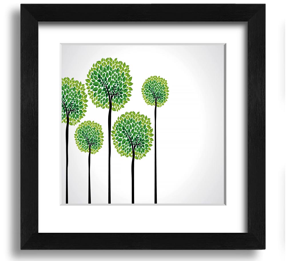 A beautifully framed square print of abstract trees, showcasing intricate designs and vibrant colors, ready to hang on your wall.