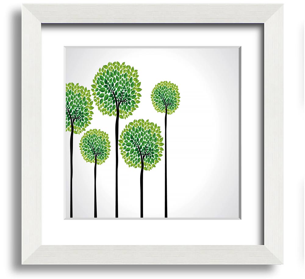 A beautifully framed square print of abstract trees, showcasing intricate designs and vibrant colors, ready to hang on your wall.