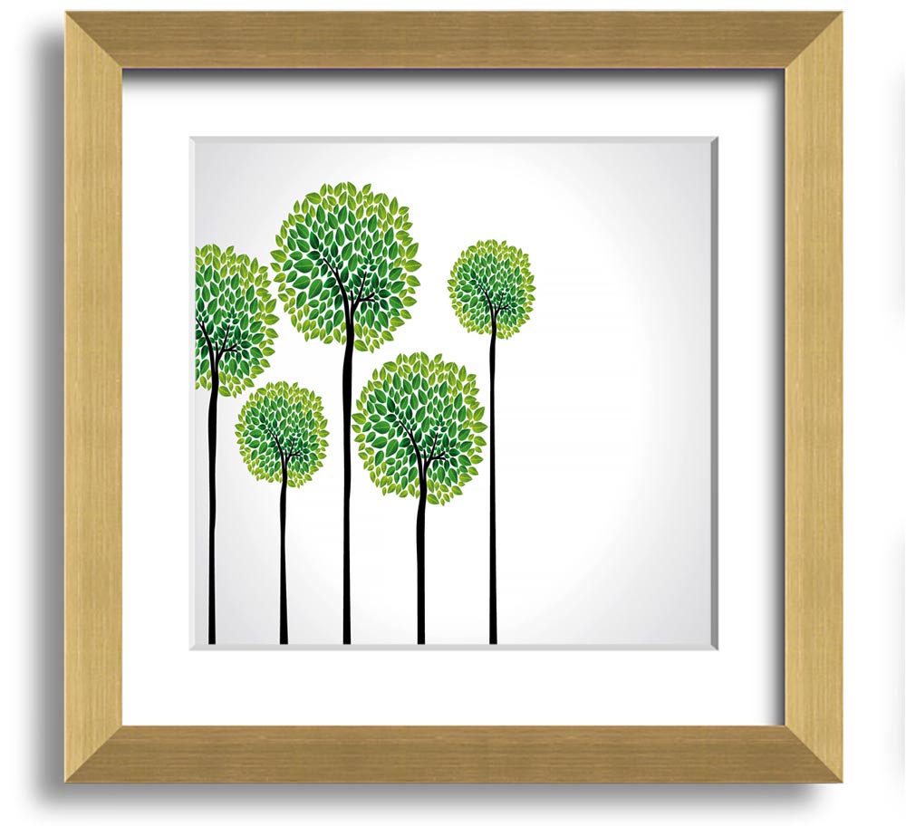 A beautifully framed square print of abstract trees, showcasing intricate designs and vibrant colors, ready to hang on your wall.