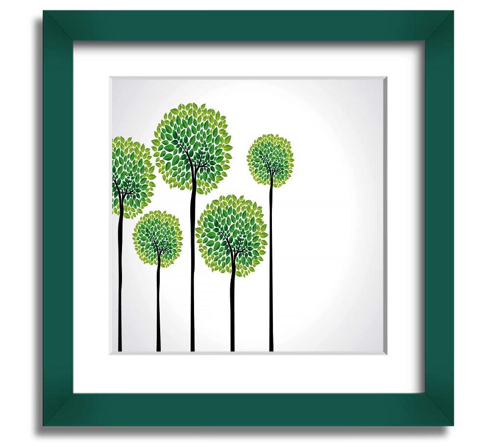 A beautifully framed square print of abstract trees, showcasing intricate designs and vibrant colors, ready to hang on your wall.