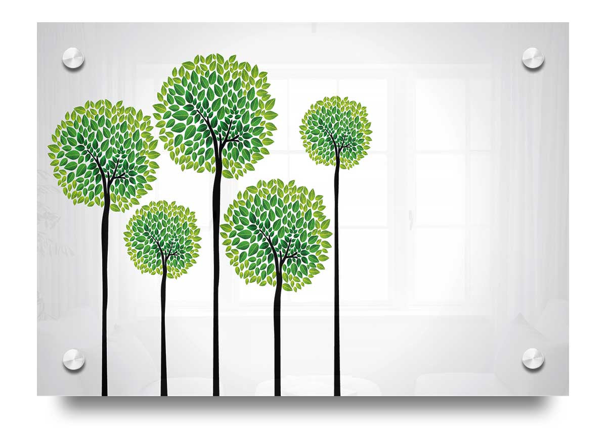 Abstract Trees acrylic print on 5mm thick acrylic glass, showcasing vibrant colors and modern design, ready to hang on the wall.