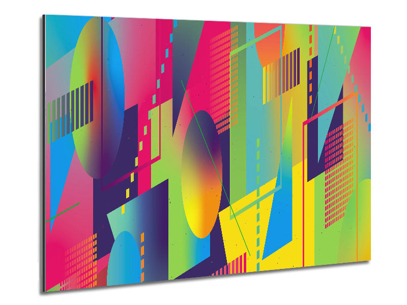 Abstract art featuring triangles and spheres printed on brushed aluminium dibond, showcasing a modern design.