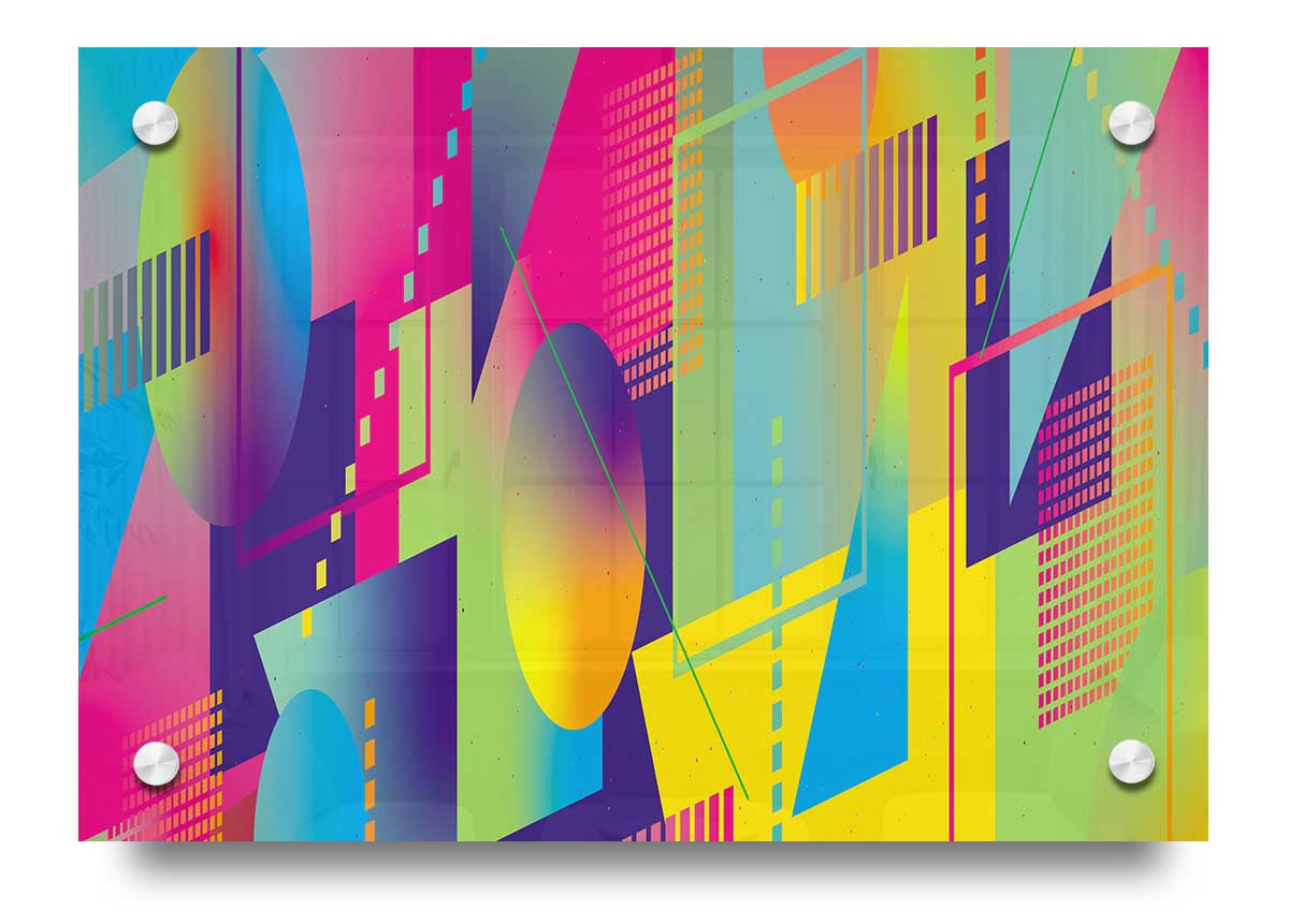 A vibrant acrylic print featuring abstract triangles and spheres in various colors, showcasing modern art design.