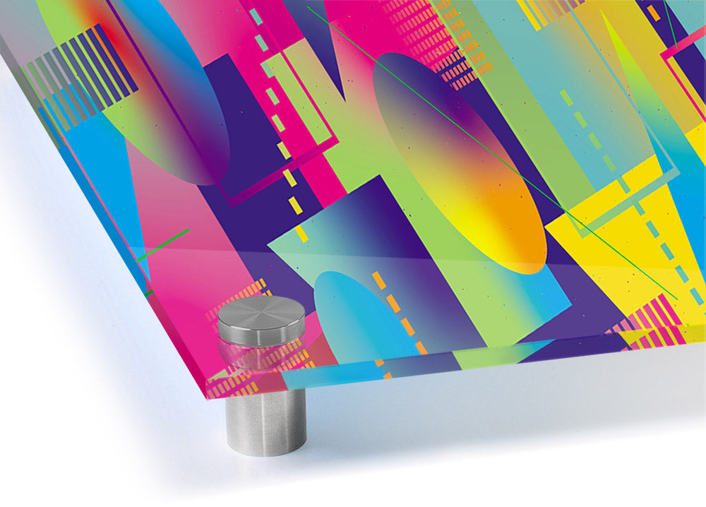 A vibrant acrylic print featuring abstract triangles and spheres in various colors, showcasing modern art design.