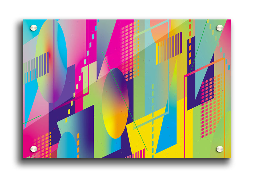 A vibrant acrylic print featuring abstract triangles and spheres in various colors, showcasing modern art design.