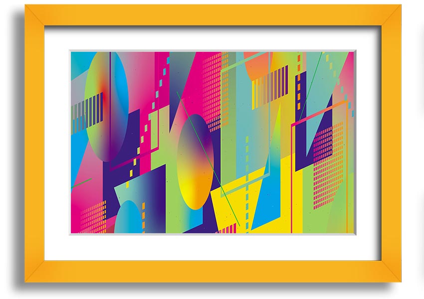 Framed print of abstract triangles and spheres in various colors, ready to hang on a wall.