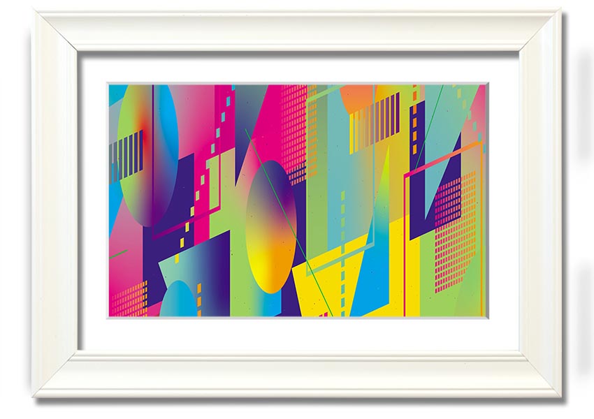 Framed print of abstract triangles and spheres in various colors, ready to hang on a wall.