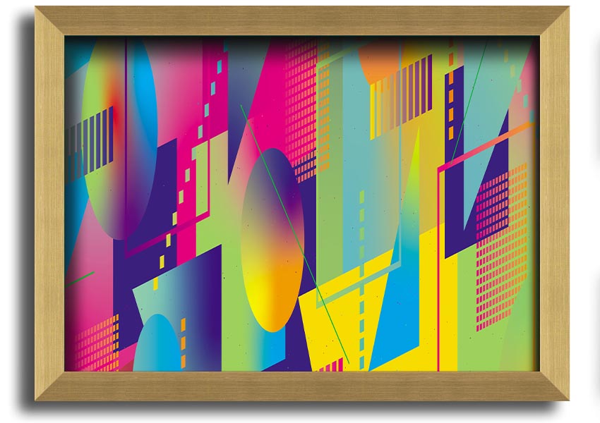 Framed print of abstract triangles and spheres in various colors, ready to hang on a wall.