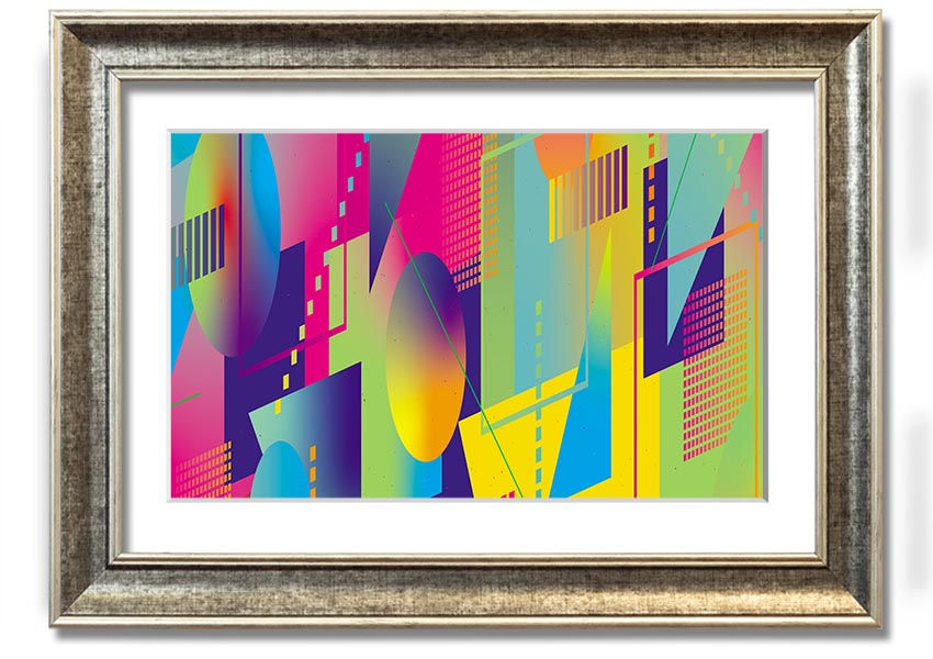 Framed print of abstract triangles and spheres in various colors, ready to hang on a wall.