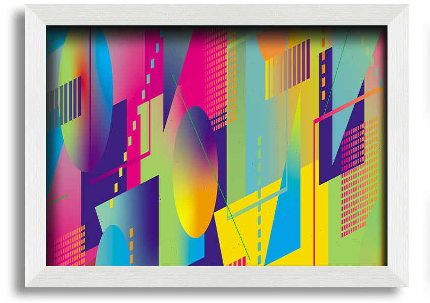 Framed print of abstract triangles and spheres in various colors, ready to hang on a wall.