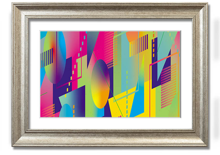 Framed print of abstract triangles and spheres in various colors, ready to hang on a wall.
