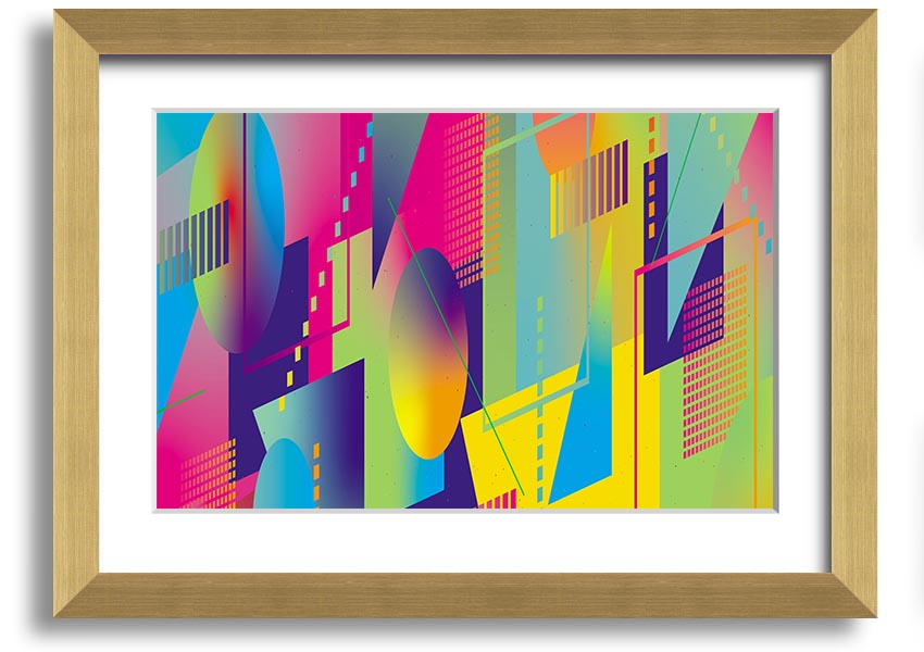 Framed print of abstract triangles and spheres in various colors, ready to hang on a wall.