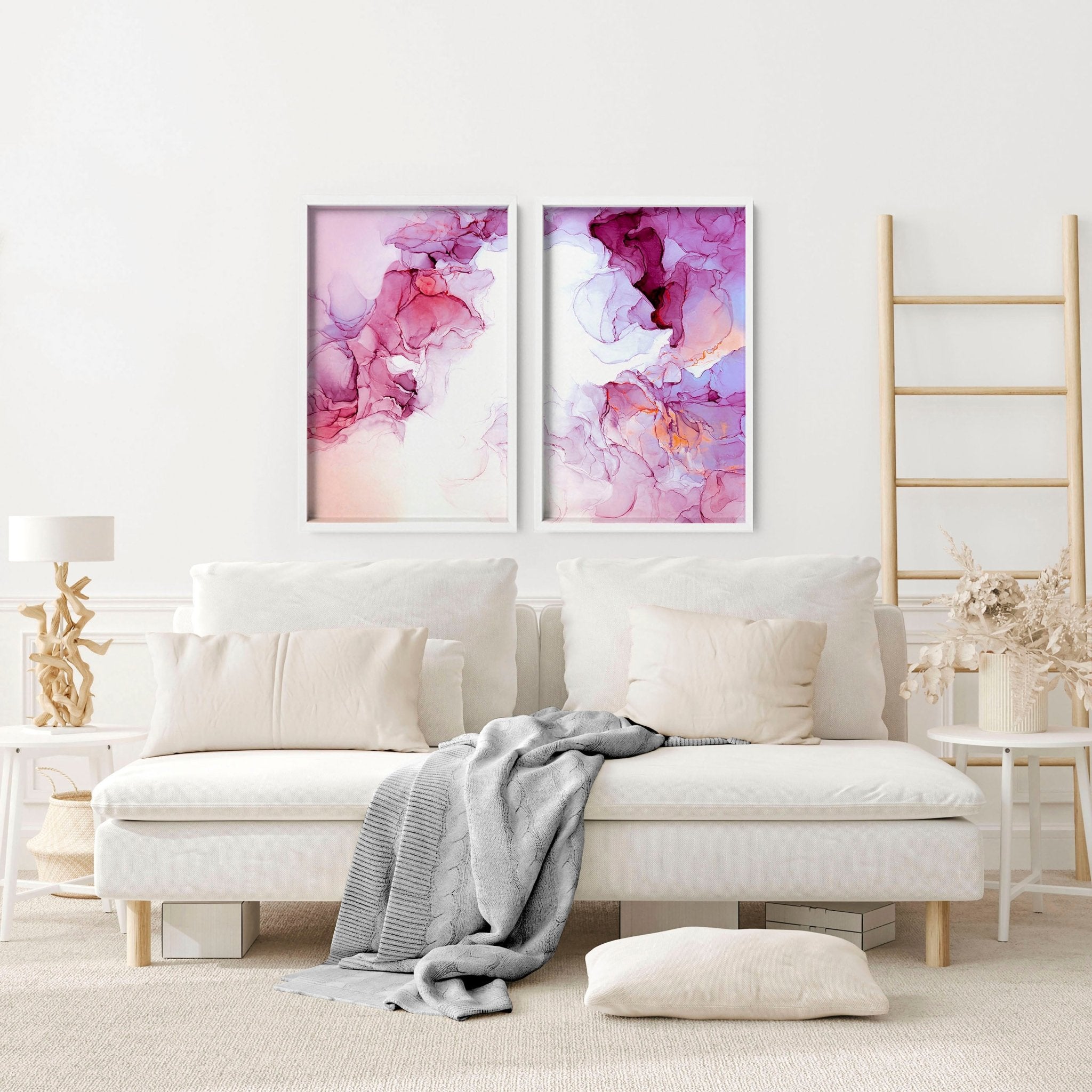 Set of 2 framed Magenta Abstract Wall Art prints featuring vibrant alcohol ink designs, perfect for living room decor.