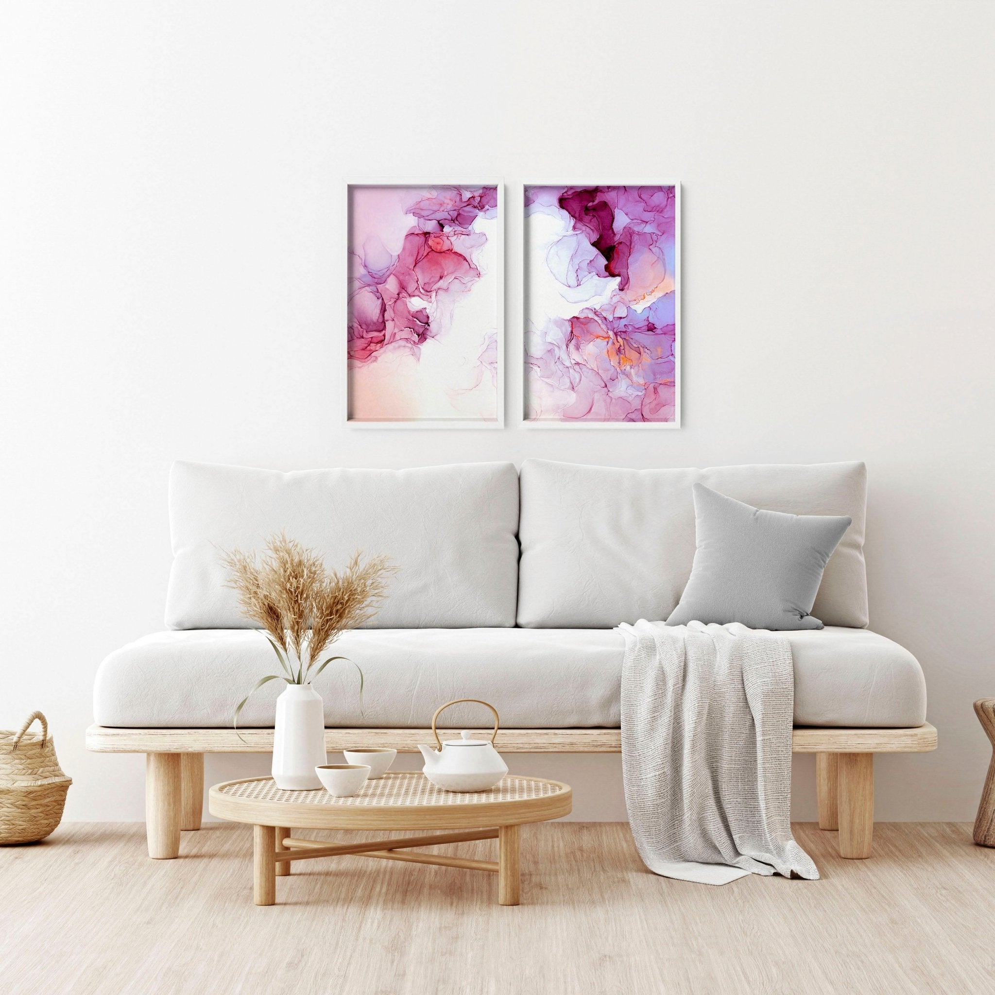 Set of 2 framed Magenta Abstract Wall Art prints featuring vibrant alcohol ink designs, perfect for living room decor.