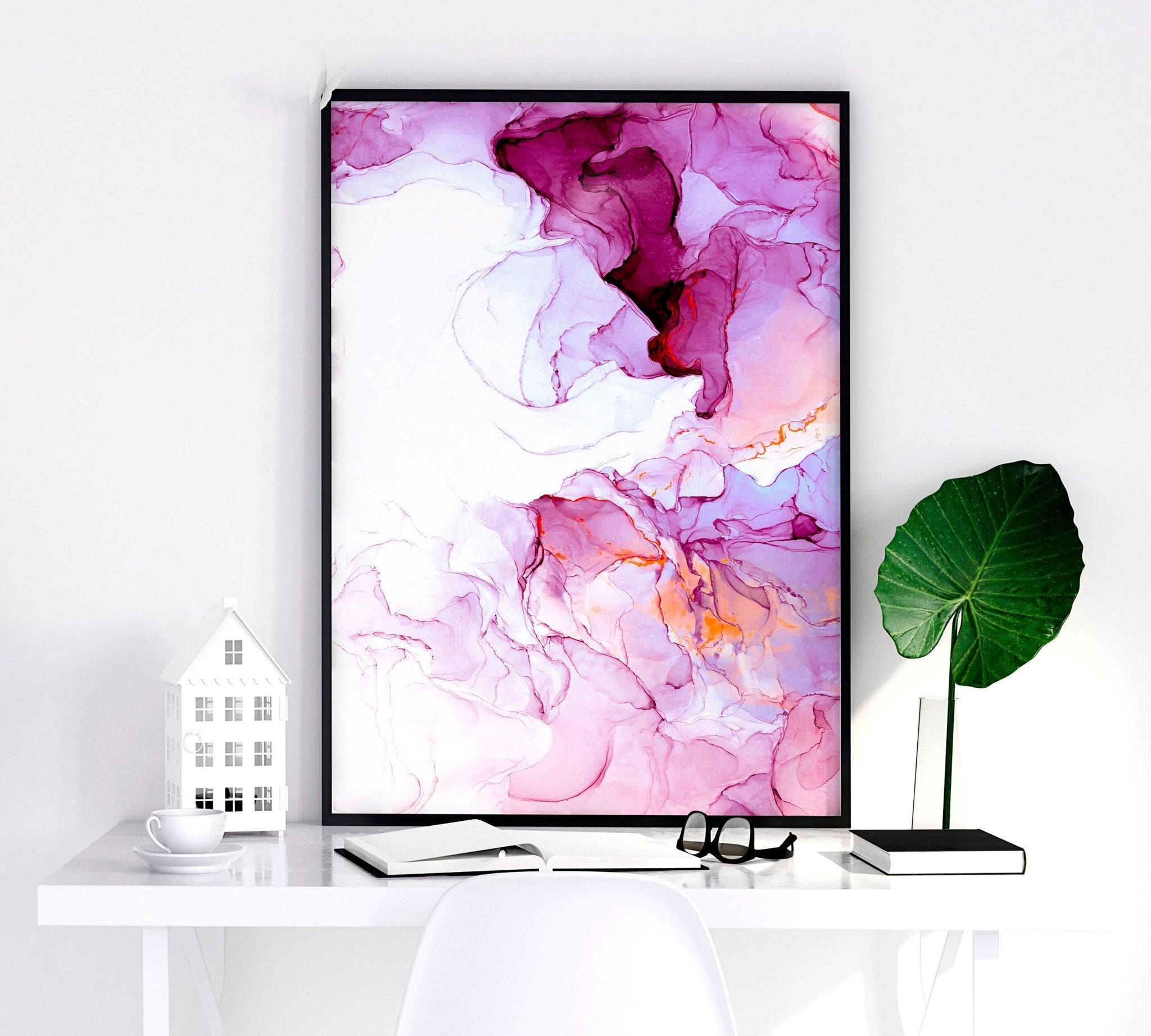 Set of 2 framed Magenta Abstract Wall Art prints featuring vibrant alcohol ink designs, perfect for living room decor.