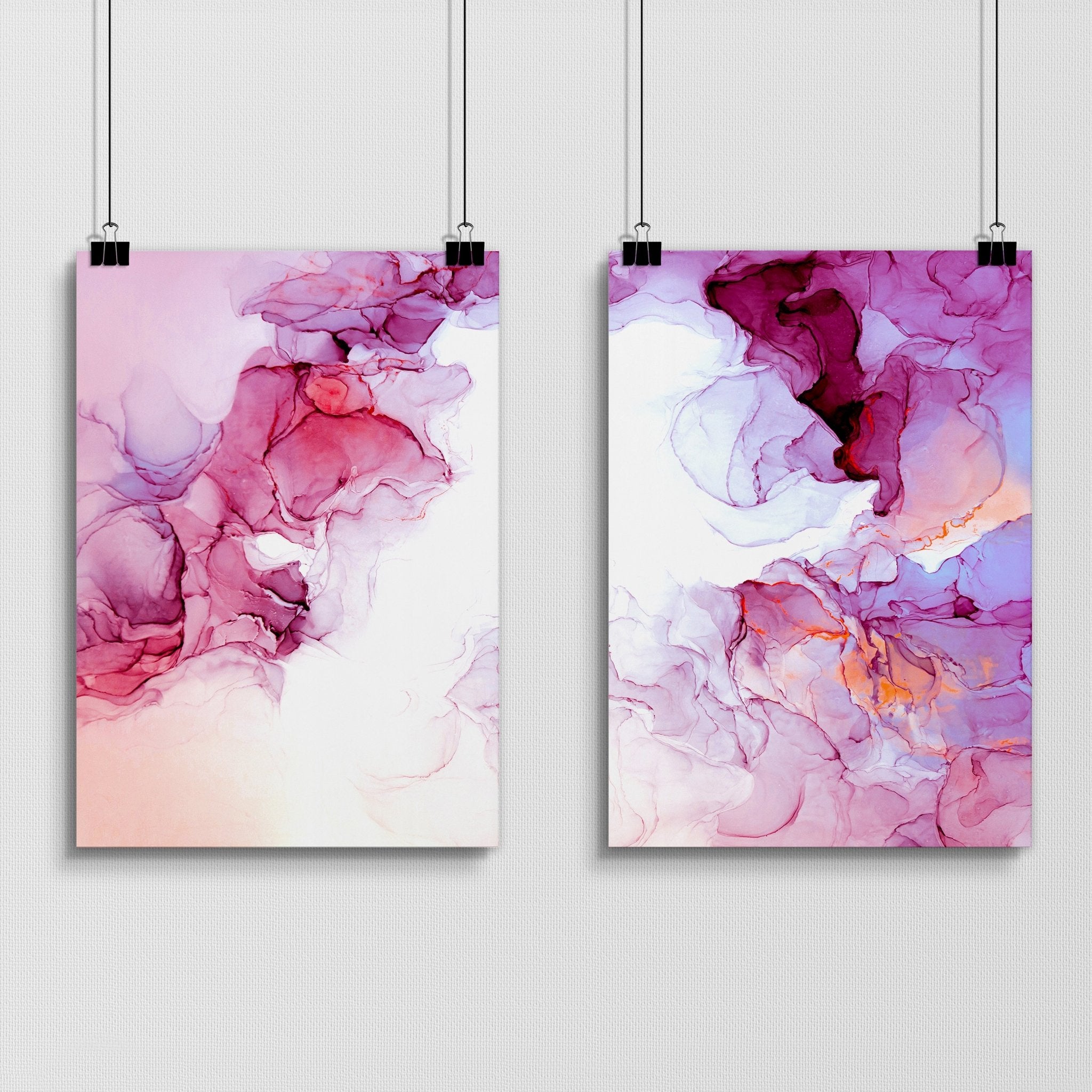 Set of 2 framed Magenta Abstract Wall Art prints featuring vibrant alcohol ink designs, perfect for living room decor.