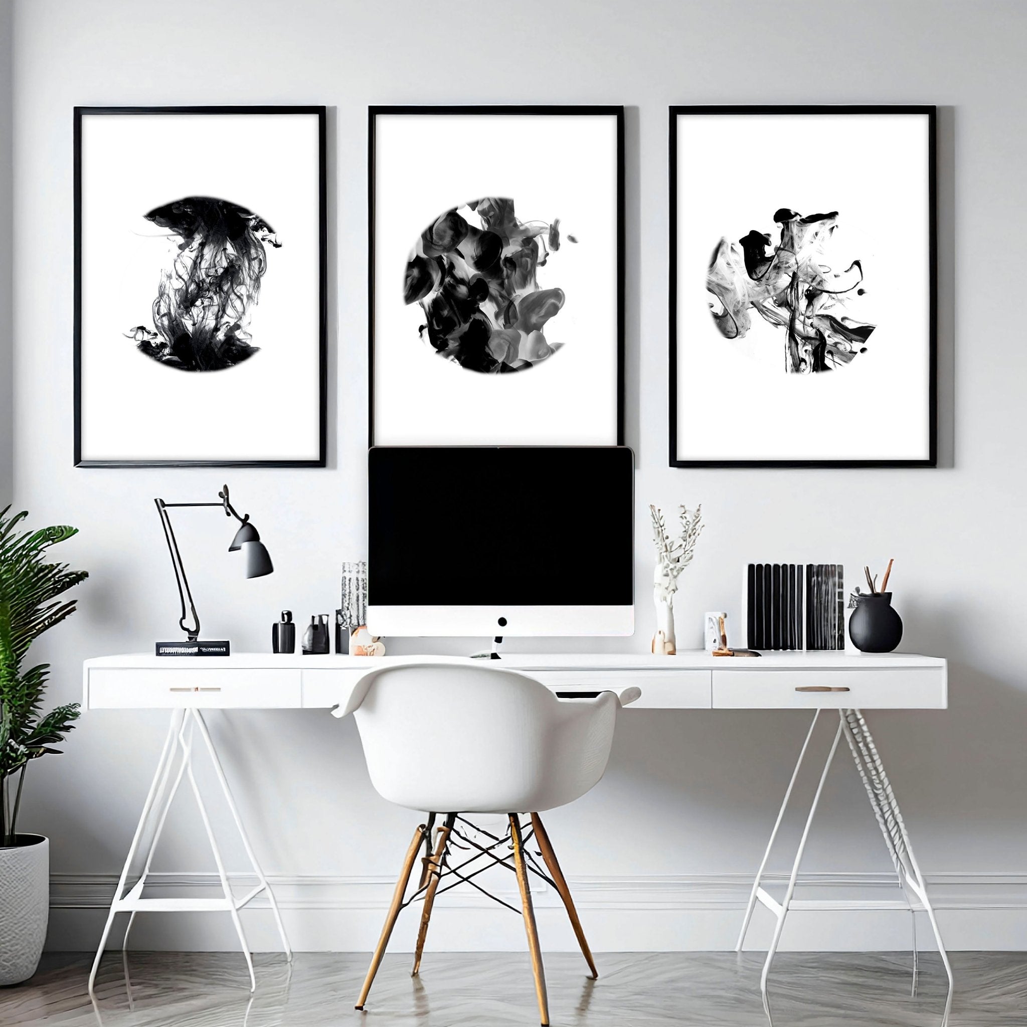 Set of 3 abstract framed wall art prints for office decor, featuring vibrant colors and modern designs in sleek black and white frames.