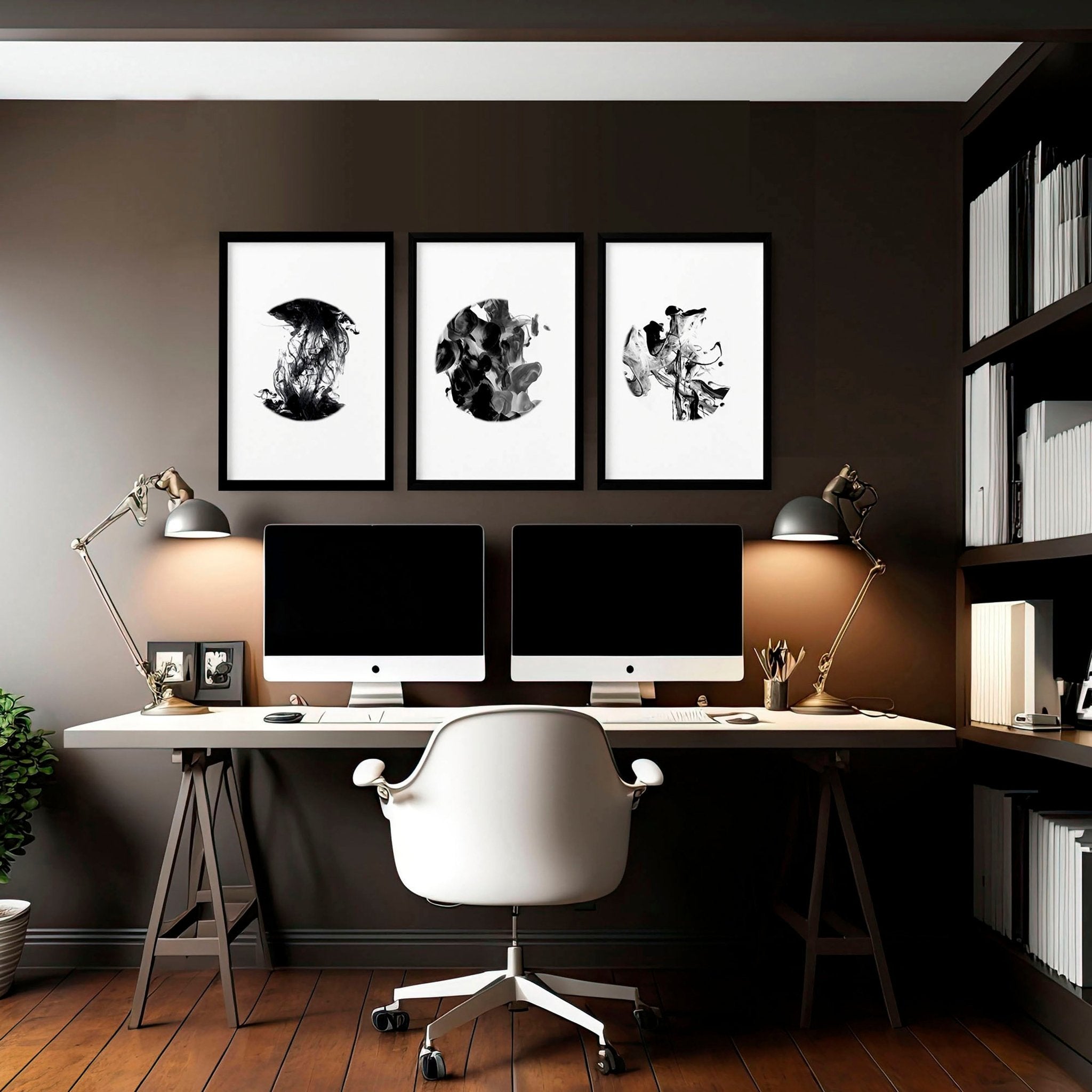 Set of 3 abstract framed wall art prints for office decor, featuring vibrant colors and modern designs in sleek black and white frames.