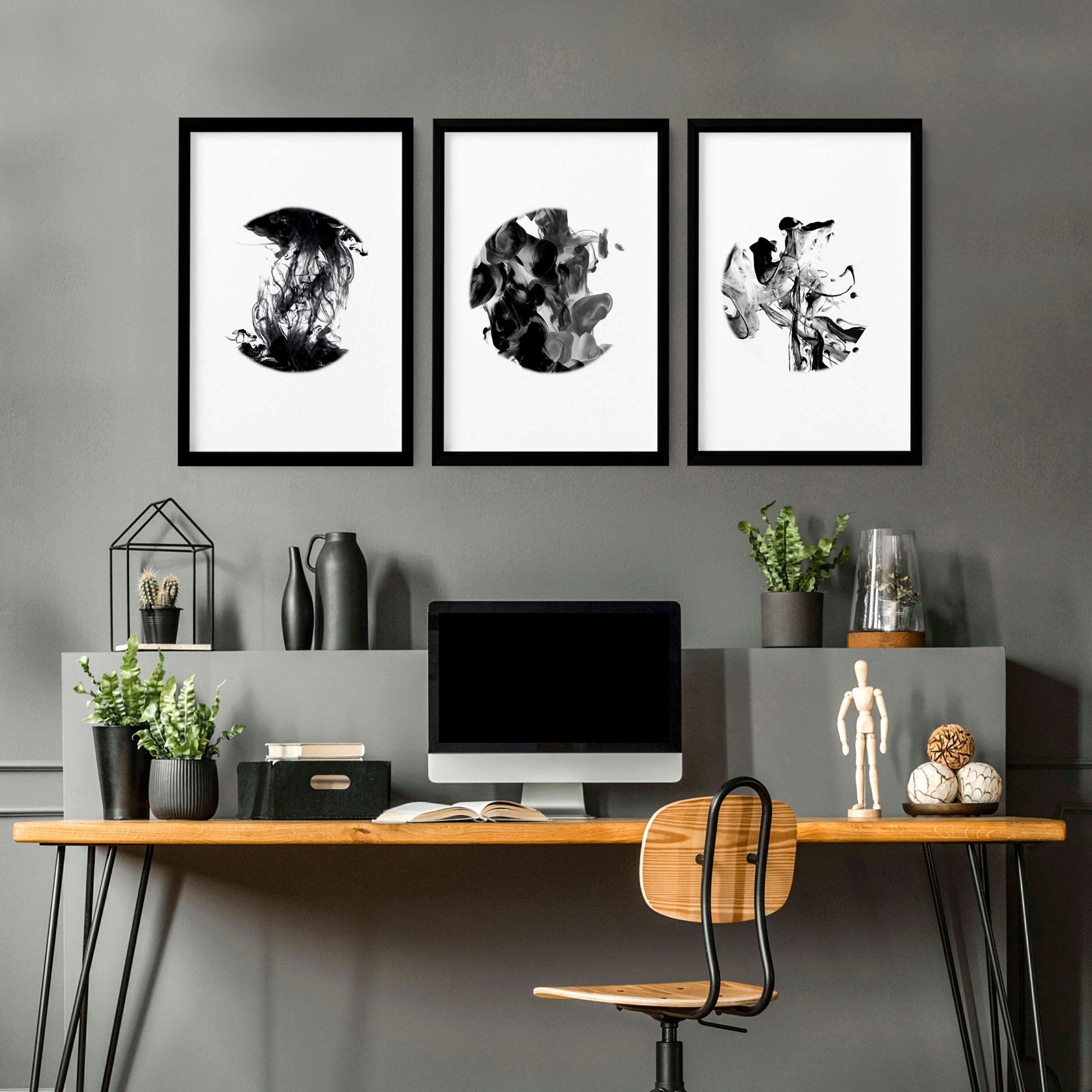 Set of 3 abstract framed wall art prints for office decor, featuring vibrant colors and modern designs in sleek black and white frames.